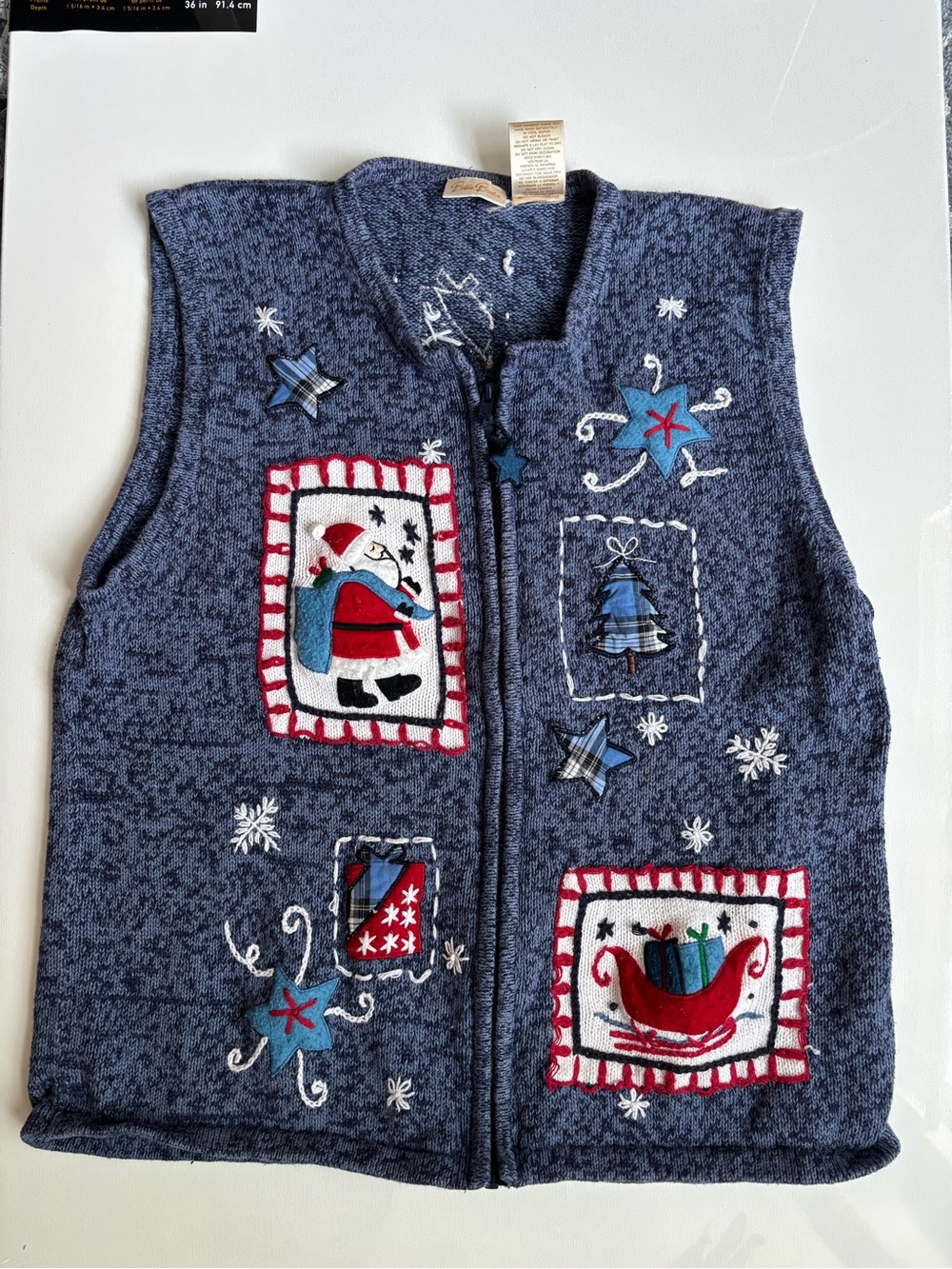 Vintage Blue Christmas Patchwork Sweater Vest Bobbie Brooks CL